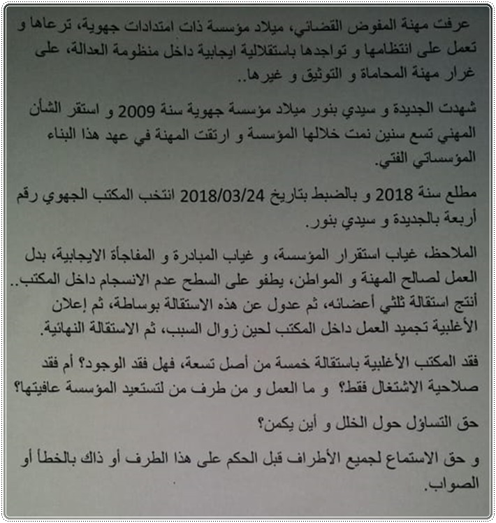 مفوضون قضائيون يقدمون استقالتهم من المكتب الجهوي للمفوضين القضائيين بالجديدة